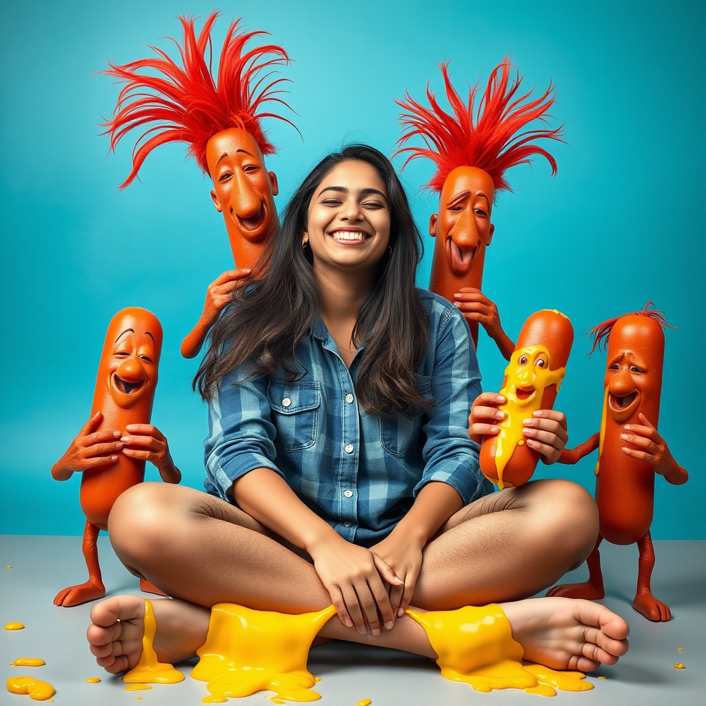A vibrant scene featuring a cheerful young Pakistani woman, aged 18, sitting comfortably in a criss-cross position