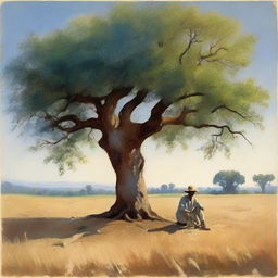 A rustic scene of a peasant man taking rest under the shade of a large tree in an open field, under the tranquil canopy of a blue evening sky.