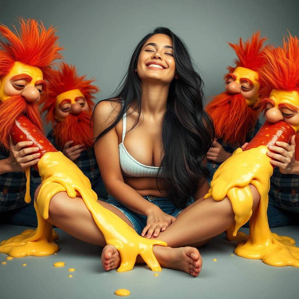 A hot Latina woman, 18 years old, sitting crisscross with a radiant smile and her eyes closed