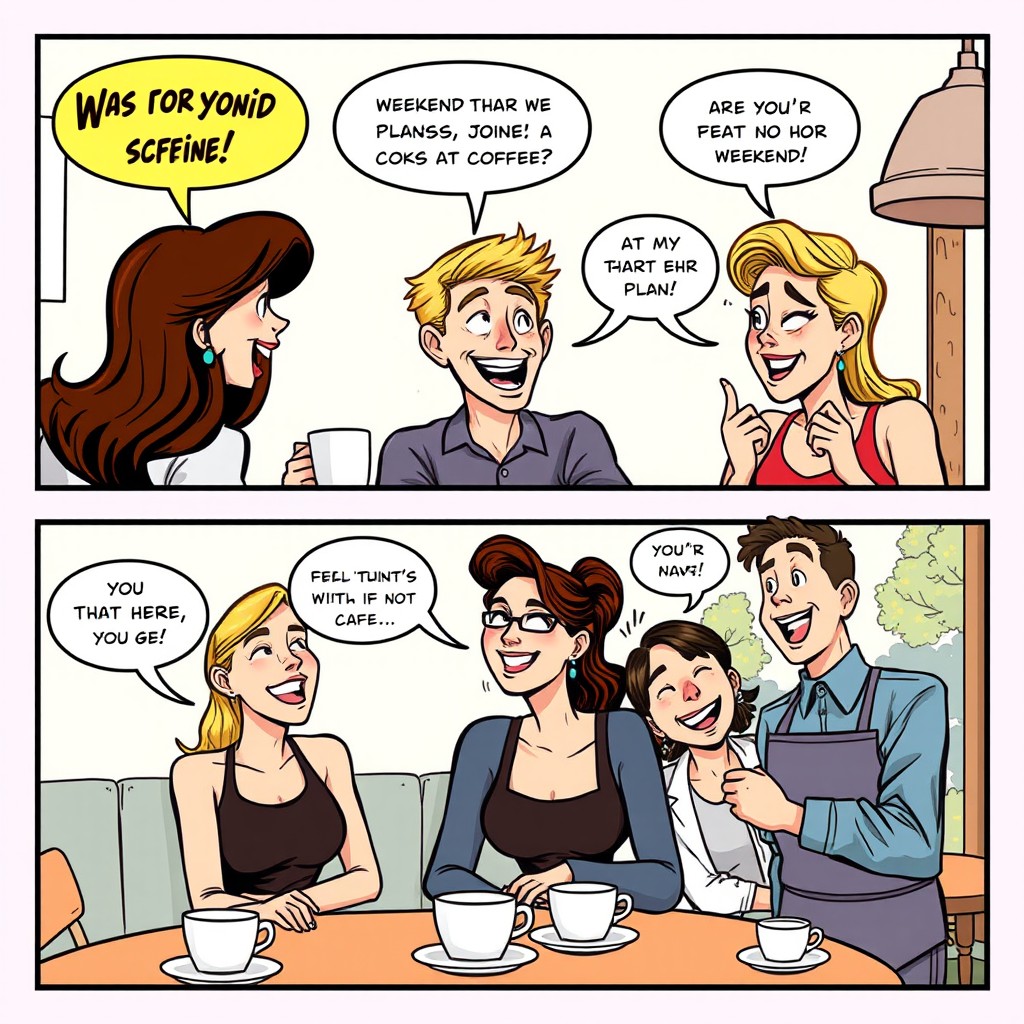 A three-page comic strip depicting a lively conversation between friends at a cozy cafe