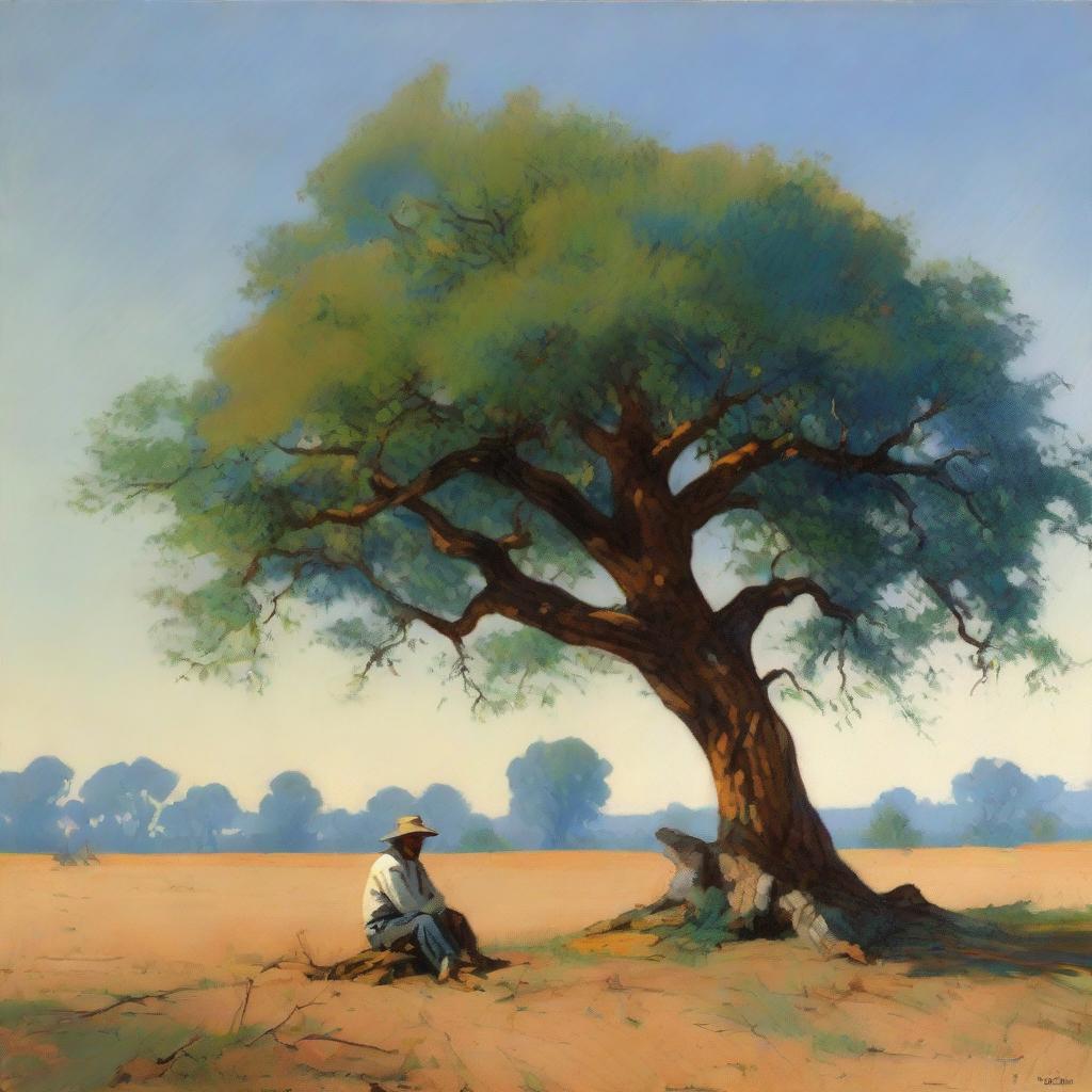 A rustic scene of a peasant man taking rest under the shade of a large tree in an open field, under the tranquil canopy of a blue evening sky.