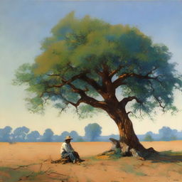 A rustic scene of a peasant man taking rest under the shade of a large tree in an open field, under the tranquil canopy of a blue evening sky.