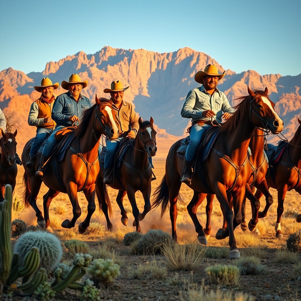 A group of cowboys on horseback riding through a vast landscape of the Wild West, showcasing rugged mountains in the background, open plains, and a clear blue sky