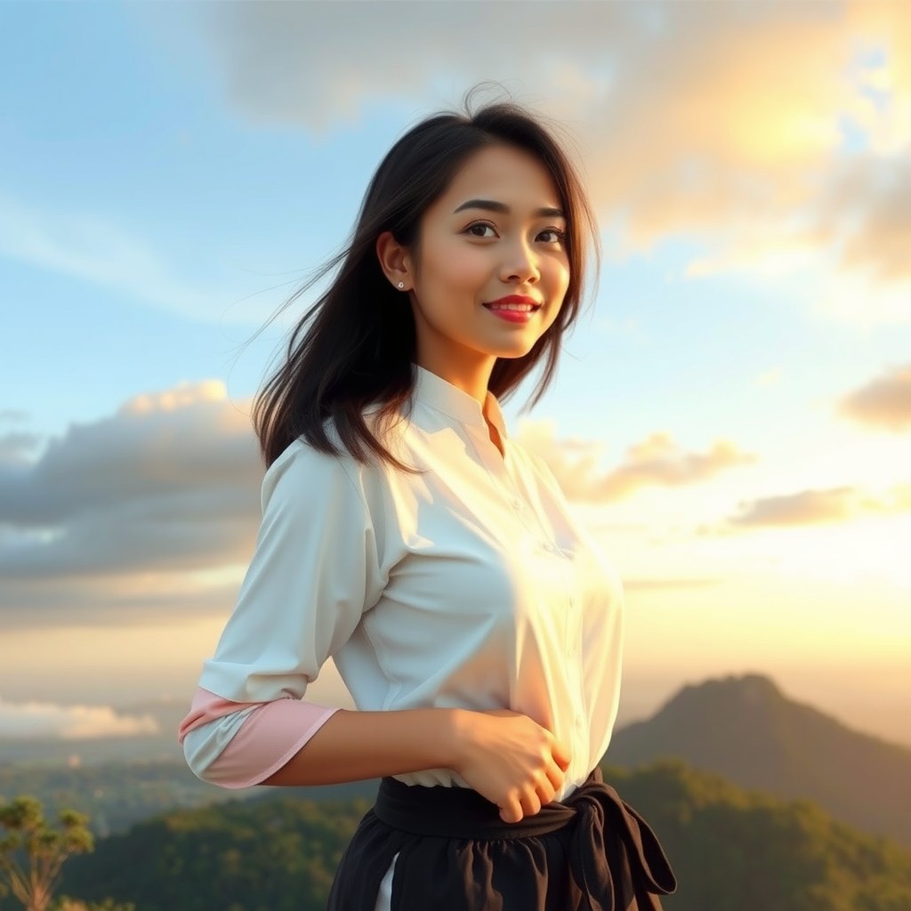 Karakter Dewi, seorang wanita Indonesia berusia 24 tahun, dengan rambut hitam panjang terurai dan kulit putih bersih