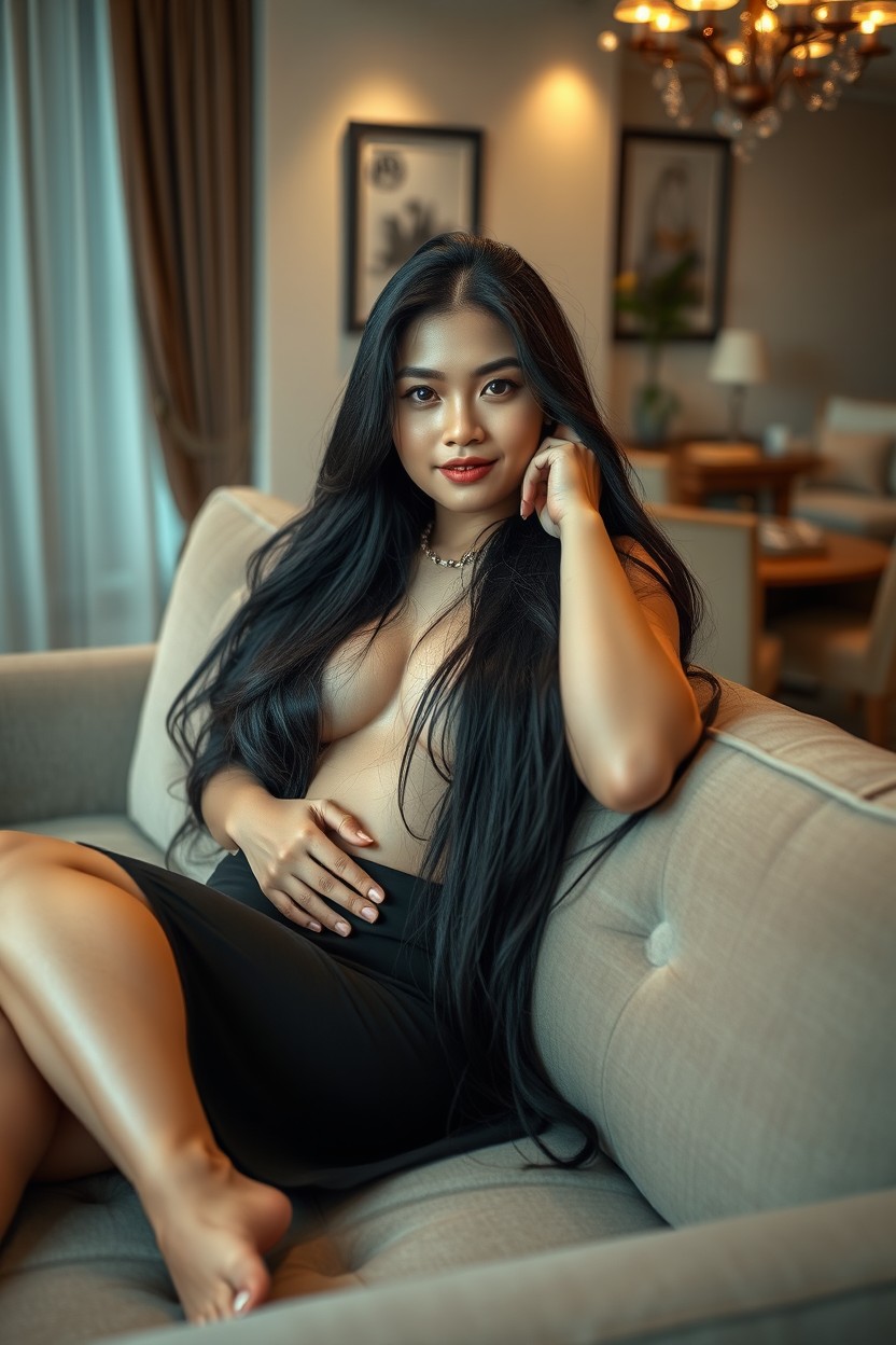 A 24-year-old Indonesian woman named Dewi with long, flowing black hair and fair skin, approximately 160 cm tall with a curvy and attractive figure