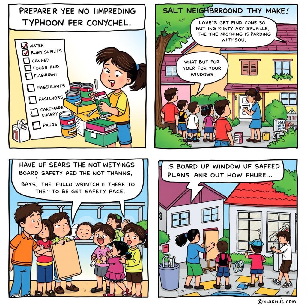 A vibrant and engaging comic strip depicting a community coming together to prepare for an impending typhoon