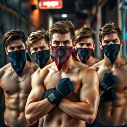 Un grupo de hombres jóvenes con pelo moreno, todos sin camiseta, mostrando una actitud audaz y enérgica