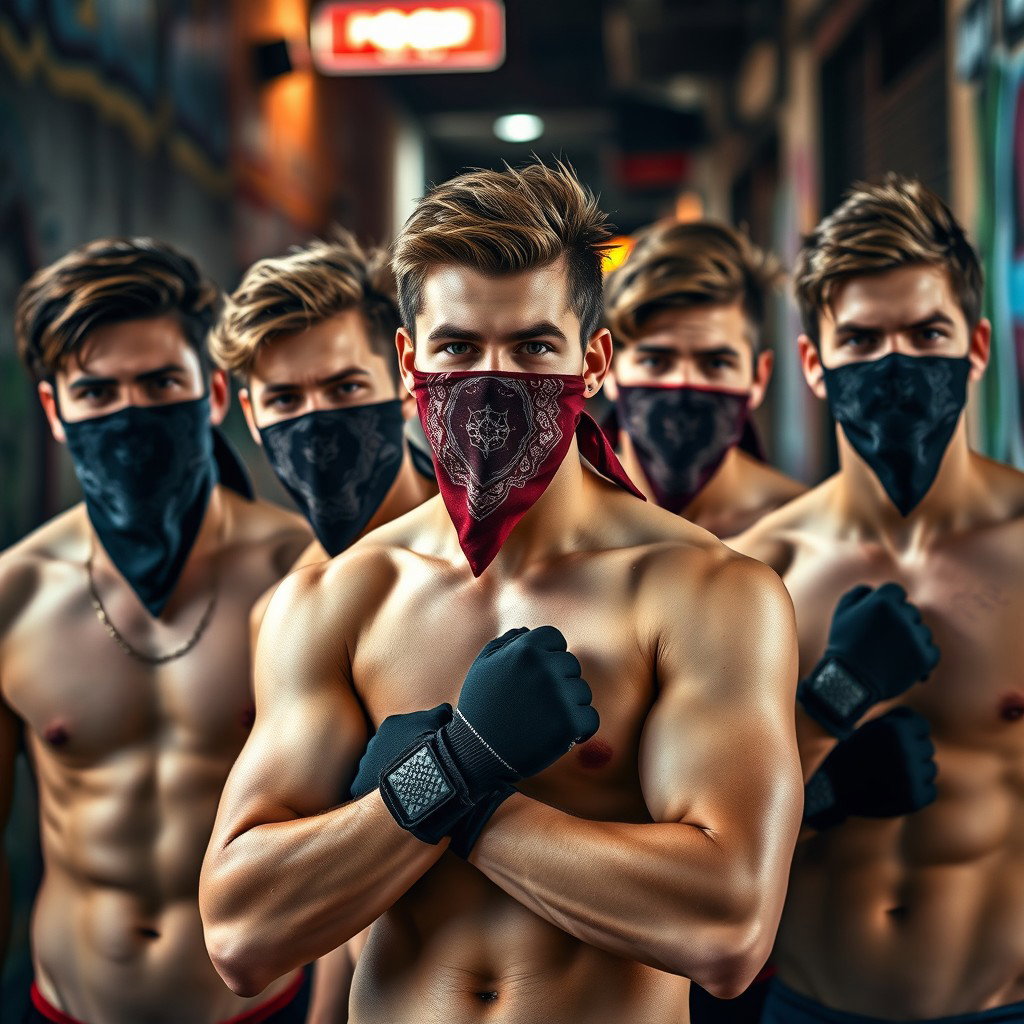 Un grupo de hombres jóvenes con pelo moreno, todos sin camiseta, mostrando una actitud audaz y enérgica