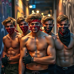 Un grupo de hombres jóvenes con pelo moreno, todos sin camiseta, mostrando una actitud audaz y enérgica