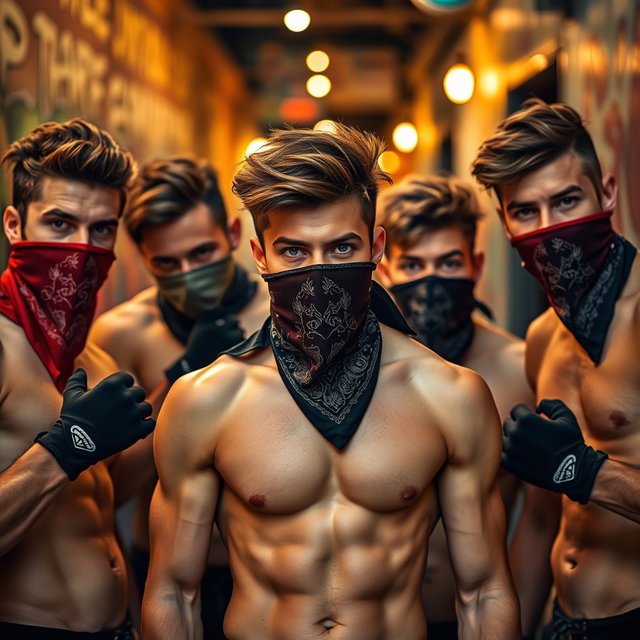 Un grupo de hombres jóvenes con pelo moreno, todos sin camiseta, mostrando una actitud audaz y enérgica