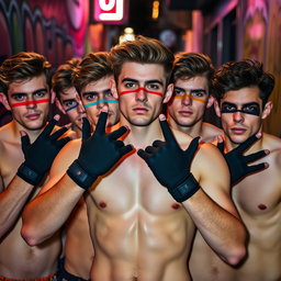 Un grupo de hombres jóvenes con pelo moreno, todos sin camiseta, mostrando una actitud audaz y enérgica