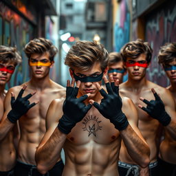 Un grupo de hombres jóvenes con pelo moreno, todos sin camiseta, mostrando una actitud audaz y enérgica