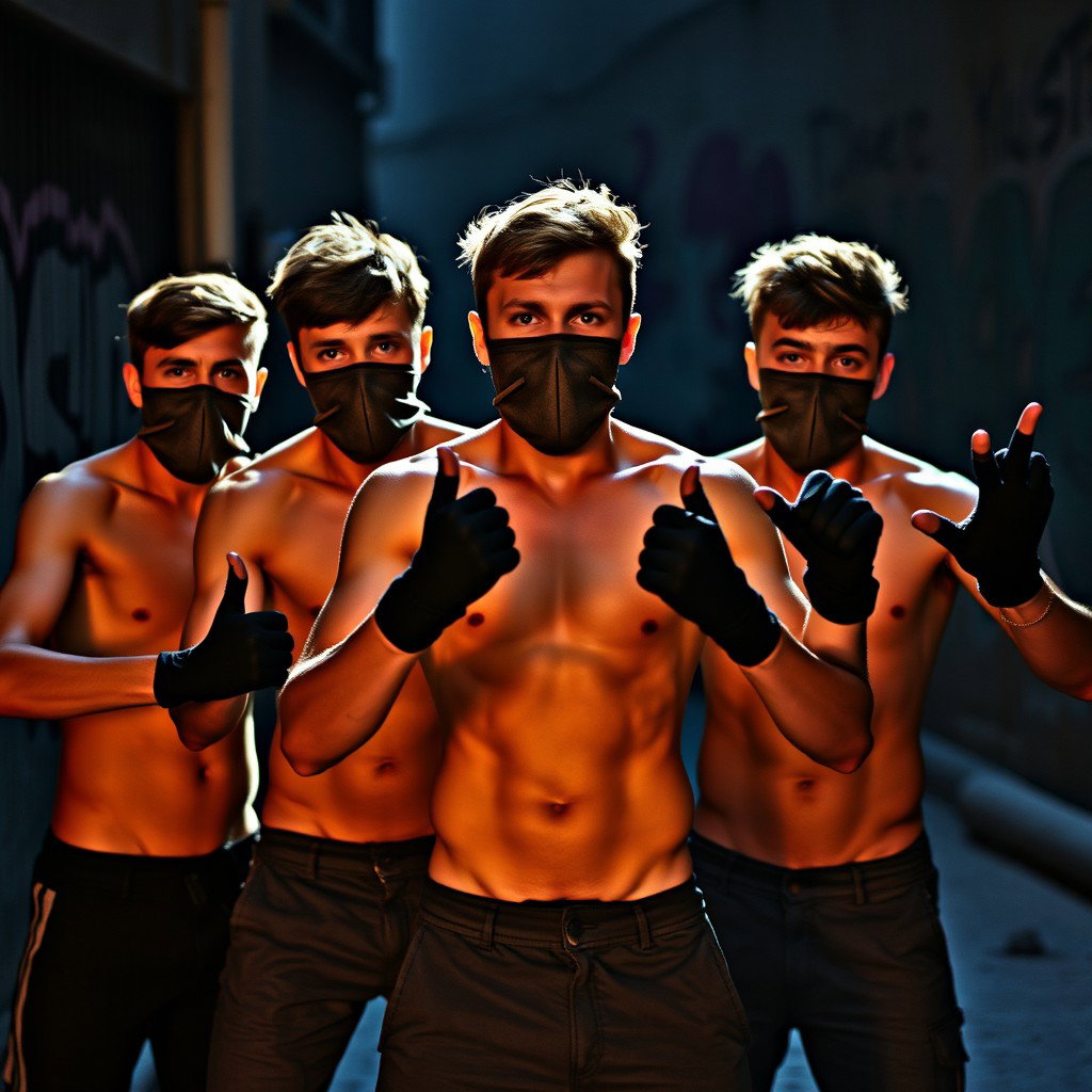 Un grupo de hombres jóvenes, todos sin camiseta, mostrando una actitud desafiante y decidida