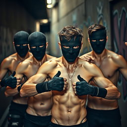 Un grupo de hombres jóvenes, todos sin camiseta, mostrando una actitud desafiante y decidida