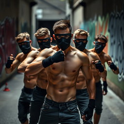 Un grupo de hombres jóvenes, todos sin camiseta, mostrando una actitud desafiante y decidida