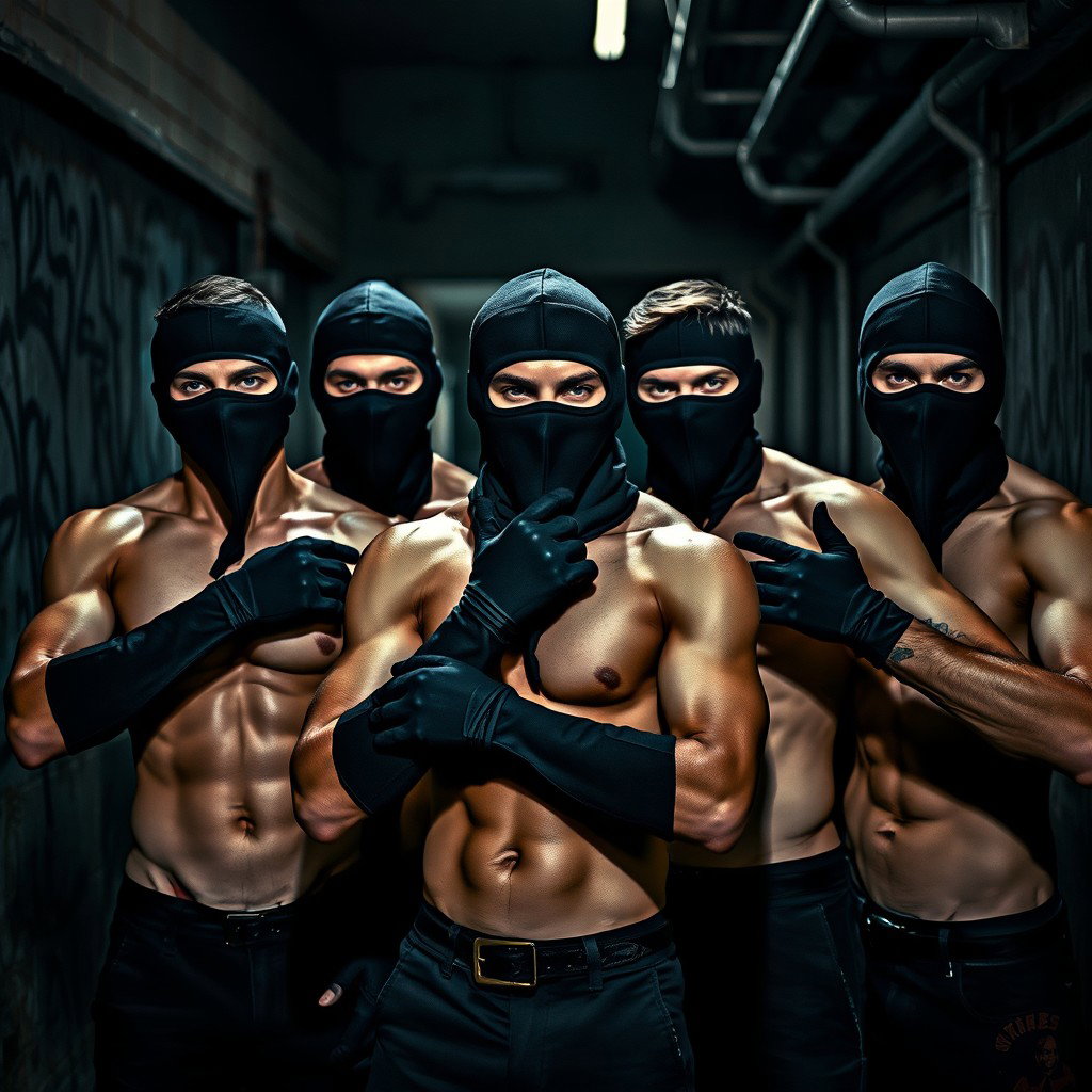 A striking group of young men without shirts, showcasing their toned physiques, while their faces are concealed by ski masks, adding an element of intrigue and intensity