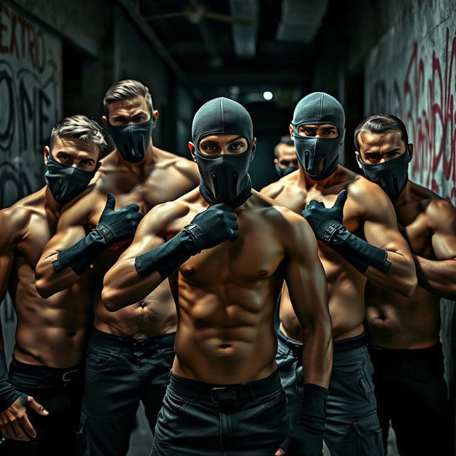 A striking group of young men without shirts, showcasing their toned physiques, while their faces are concealed by ski masks, adding an element of intrigue and intensity