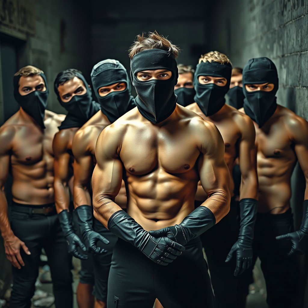 A striking group of young men without shirts, displaying their fit physiques, with their faces covered by ski masks that add an air of mystery