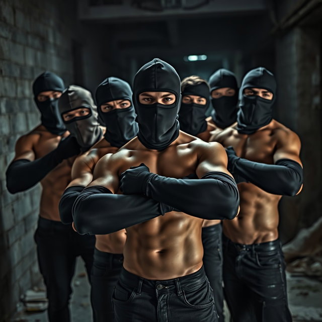 A striking group of young men without shirts, displaying their fit physiques, with their faces covered by ski masks that add an air of mystery