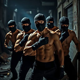 A dynamic and tense scene featuring a group of young male thieves without shirts, showcasing their muscular physiques