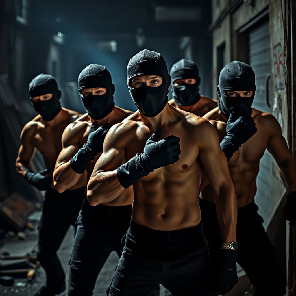 A dynamic and tense scene featuring a group of young male thieves without shirts, showcasing their muscular physiques