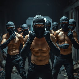 A dynamic and tense scene featuring a group of young male thieves without shirts, showcasing their muscular physiques
