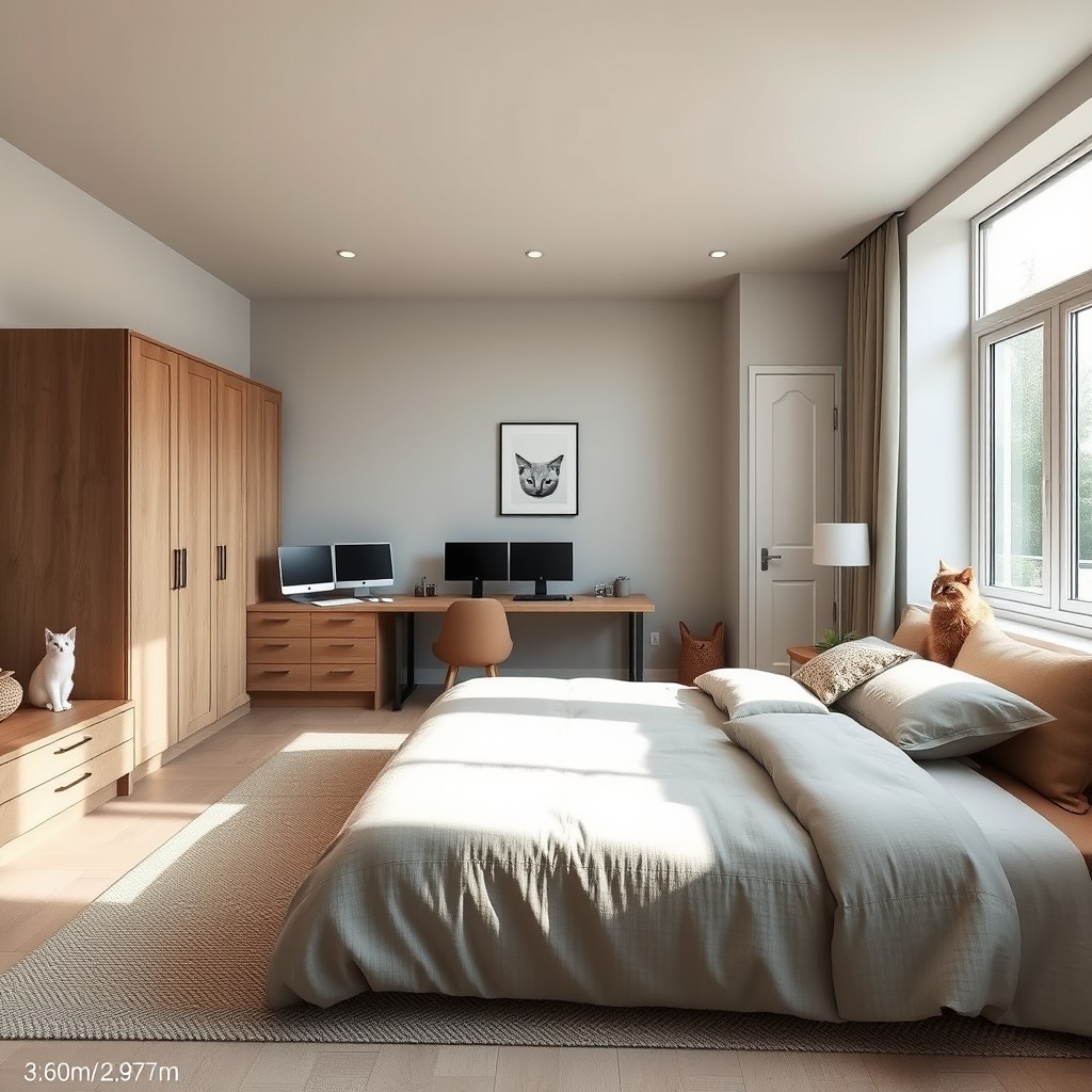 A cozy bedroom featuring a king-size bed adorned in a muted color palette of grey, beige, and muted green