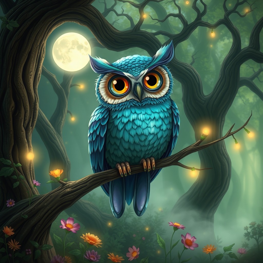A magical three-eyed owl perched majestically on a branch in a mystical forest, surrounded by glowing ethereal lights