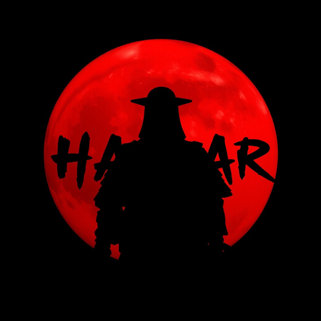 An atmospheric red moon in the night sky, with the word 'HAIDAR' written in bold black letters across its surface
