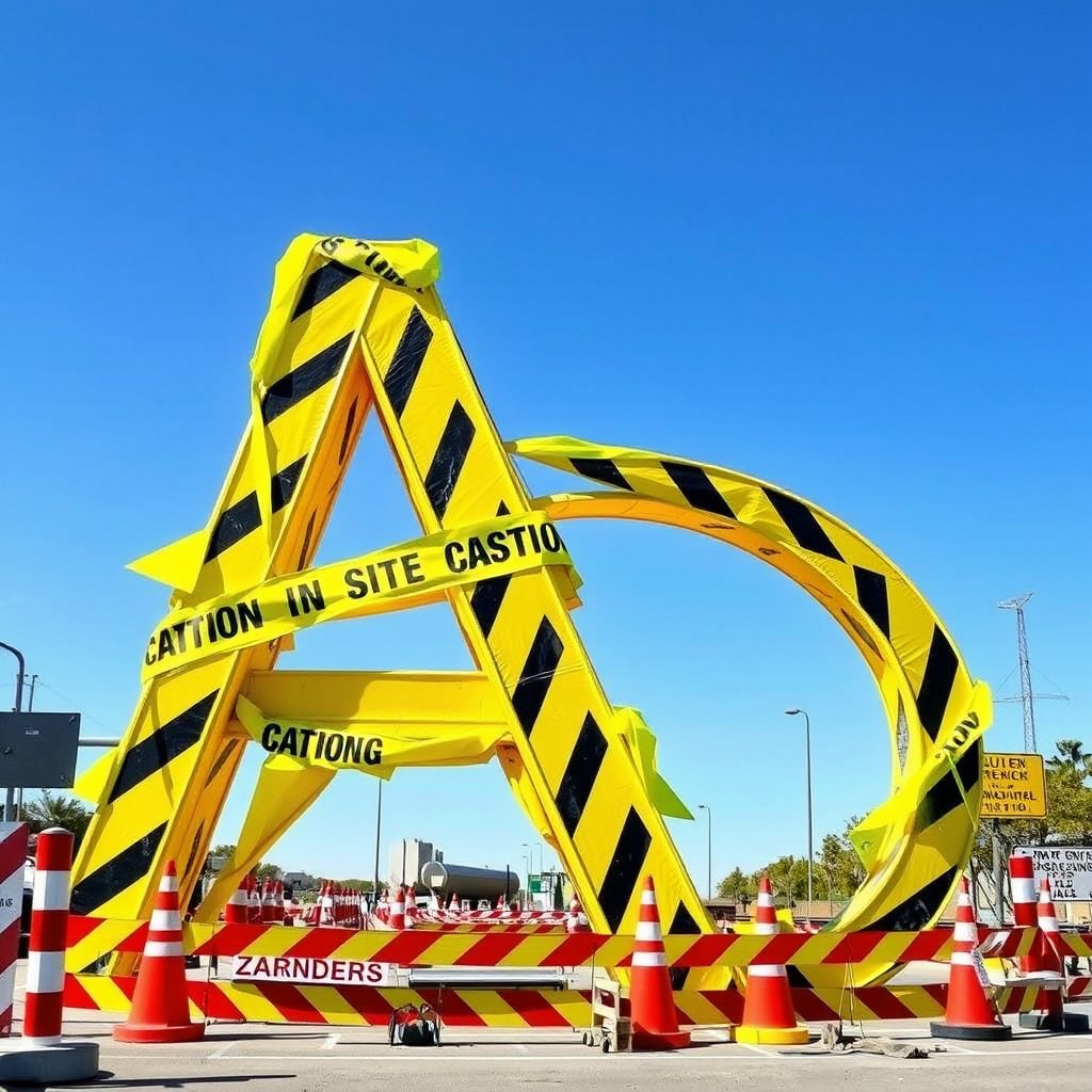 An oversized, three-dimensional letter 'A' creatively constructed from bright yellow caution tape, featuring black warning stripes woven throughout
