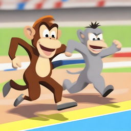 A competitive scene where a monkey and a donkey are engaged in a high-intensity race on a professional race track.