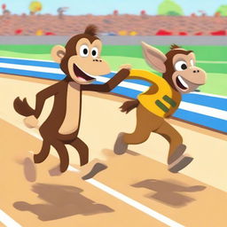 A competitive scene where a monkey and a donkey are engaged in a high-intensity race on a professional race track.