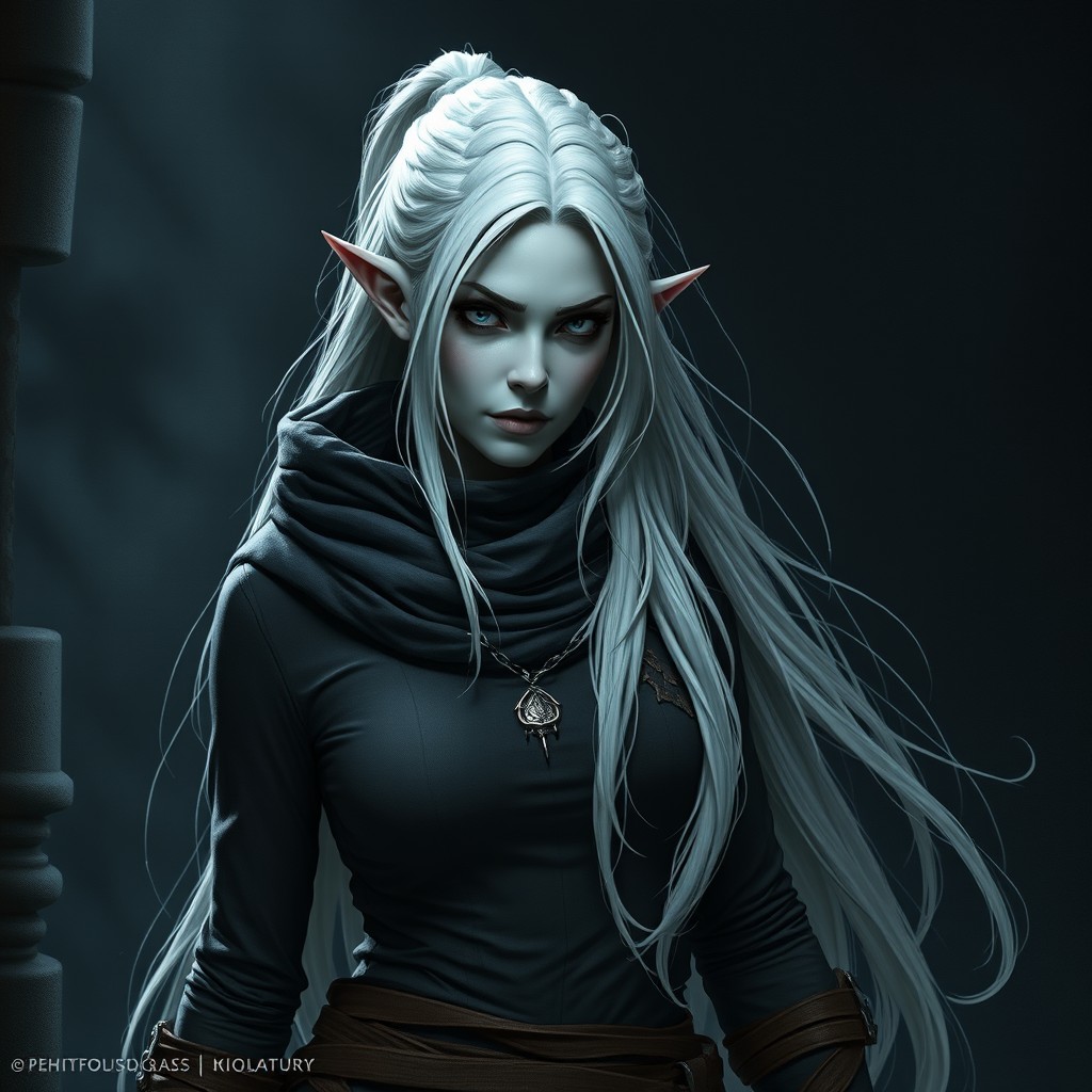 A Shadar-kai rogue woman with ash-gray skin, featuring long flowing white hair and elegantly small pointed ears
