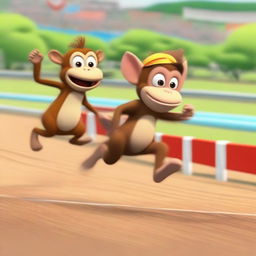 A competitive scene where a monkey and a donkey are engaged in a high-intensity race on a professional race track.