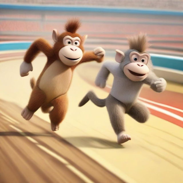 A competitive scene where a monkey and a donkey are engaged in a high-intensity race on a professional race track.