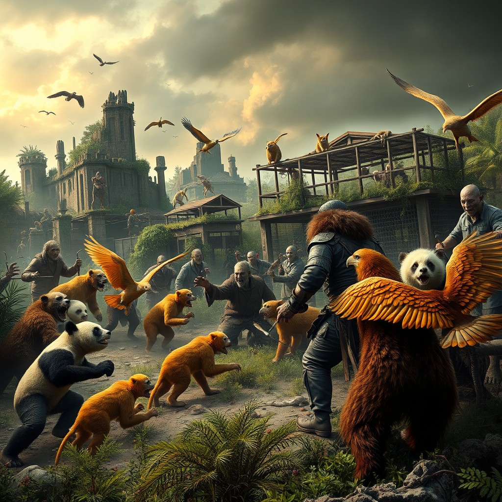 A captivating novel cover featuring a side view of a post-apocalyptic zoo landscape