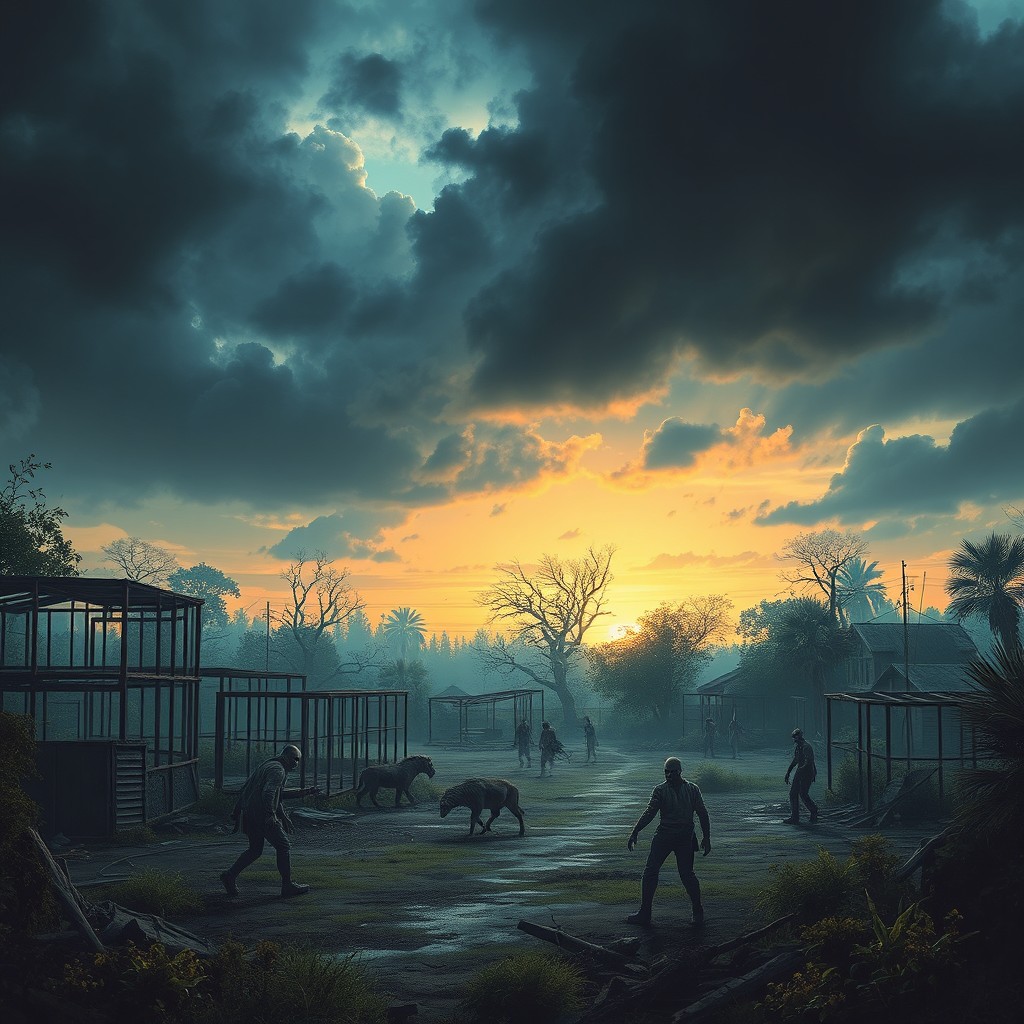 A captivating novel cover depicting a haunting animal park landscape, showcasing a once-thriving zoo now in ruins, overrun by zombies