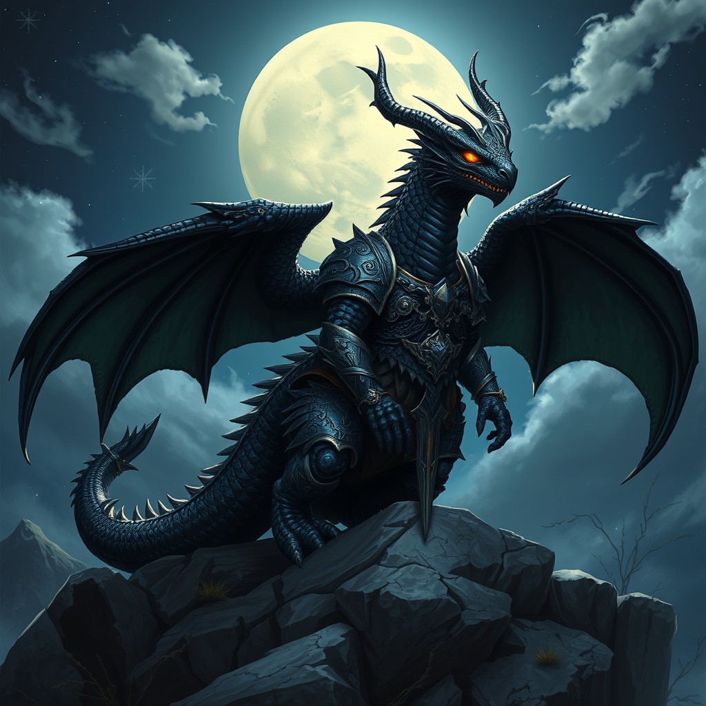 A majestic black dragonborn warrior standing atop a rocky cliff, their obsidian scales shimmering in the moonlight
