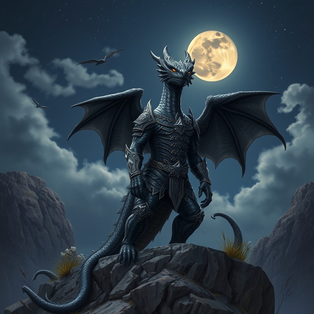 A formidable black dragonborn warrior standing confidently on a rocky cliff, their sleek obsidian scales glistening under the moonlight