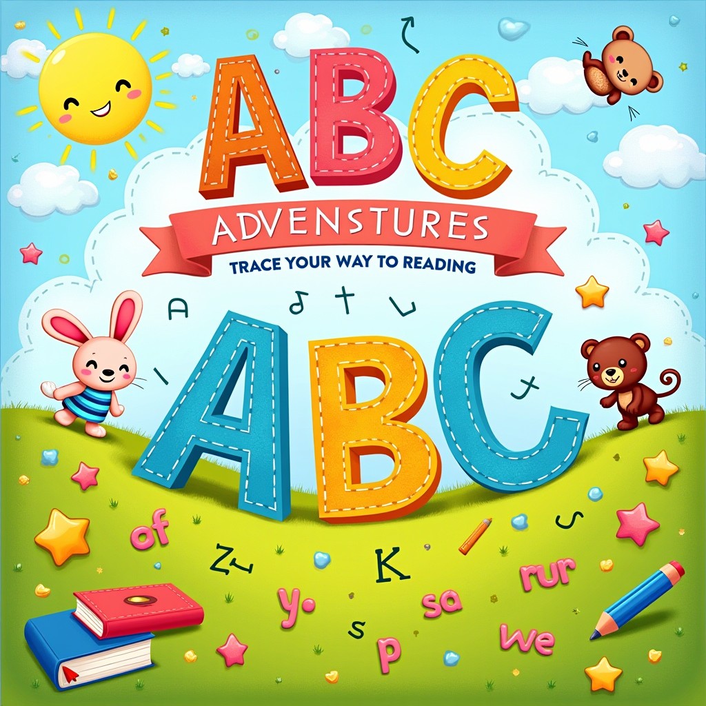 An engaging illustration of a whimsical children's book cover titled 'ABC Adventures: Trace Your Way to Reading'