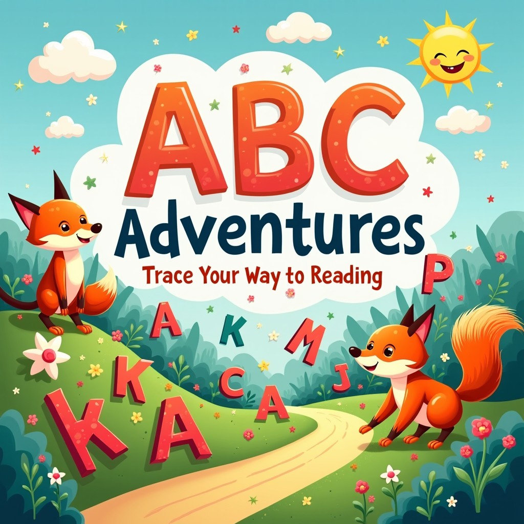 A captivating illustration for a children's book cover titled 'ABC Adventures: Trace Your Way to Reading'