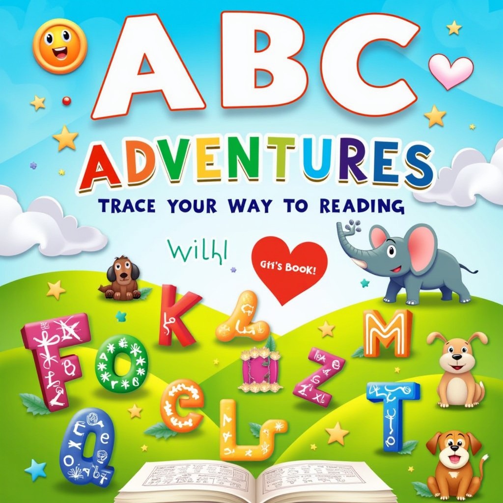 A delightful children's book cover design titled 'ABC Adventures: Trace Your Way to Reading'