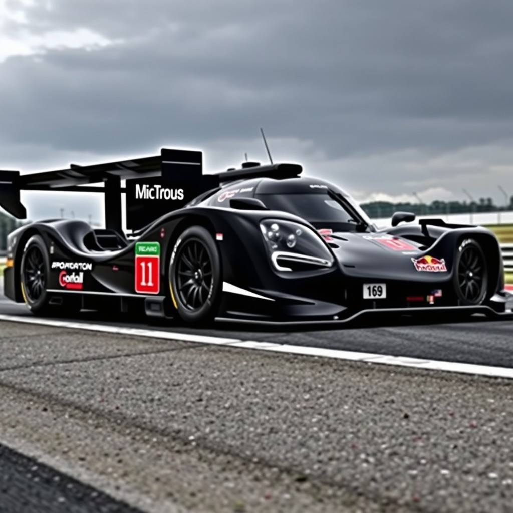 A sleek, modern LMP1 race car painted in glossy black, showcasing its aerodynamic design with sharp curves and aggressive styling