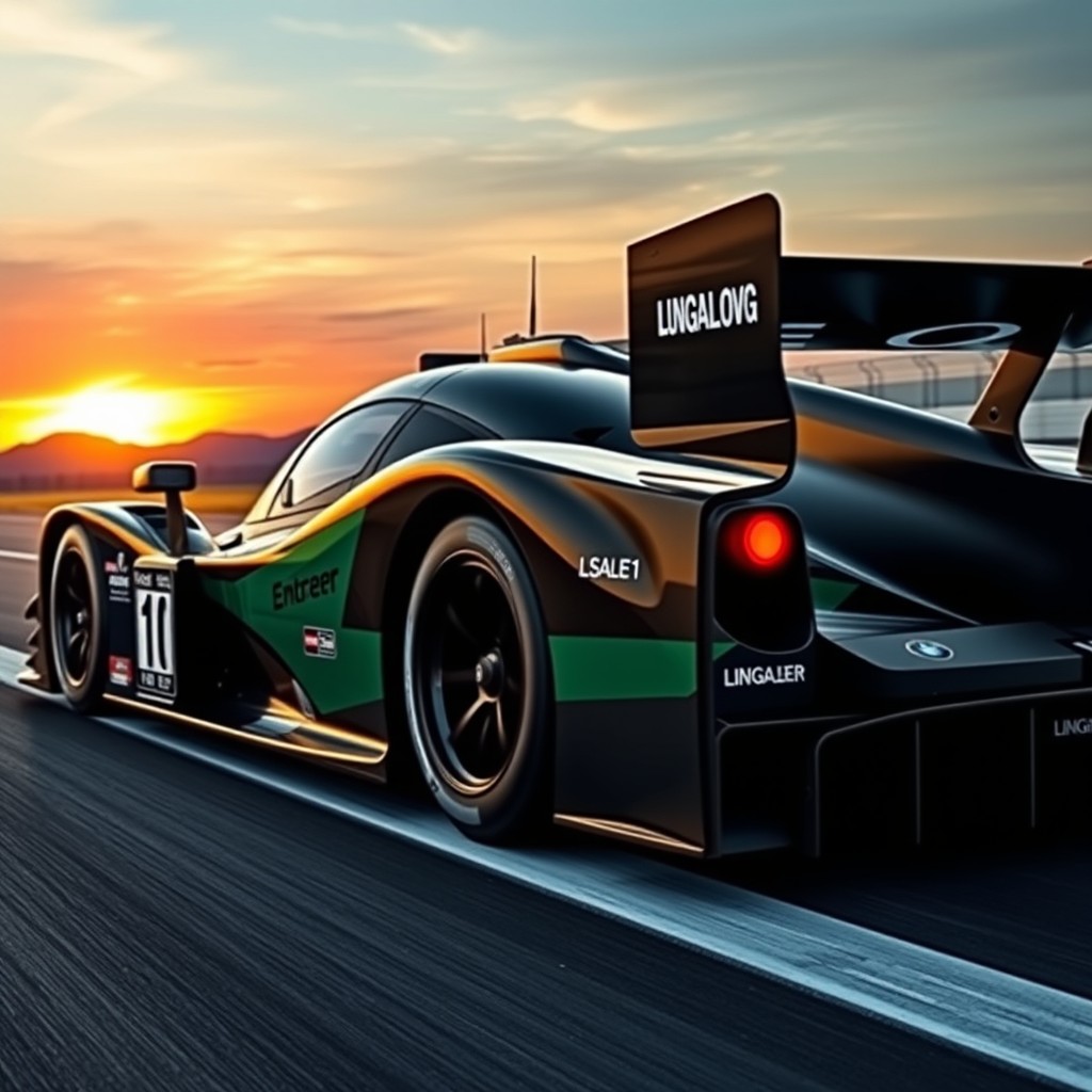 A sleek, modern LMP1 race car painted in a striking combination of glossy black and dark green, showcasing its aerodynamic design with sharp curves and aggressive styling