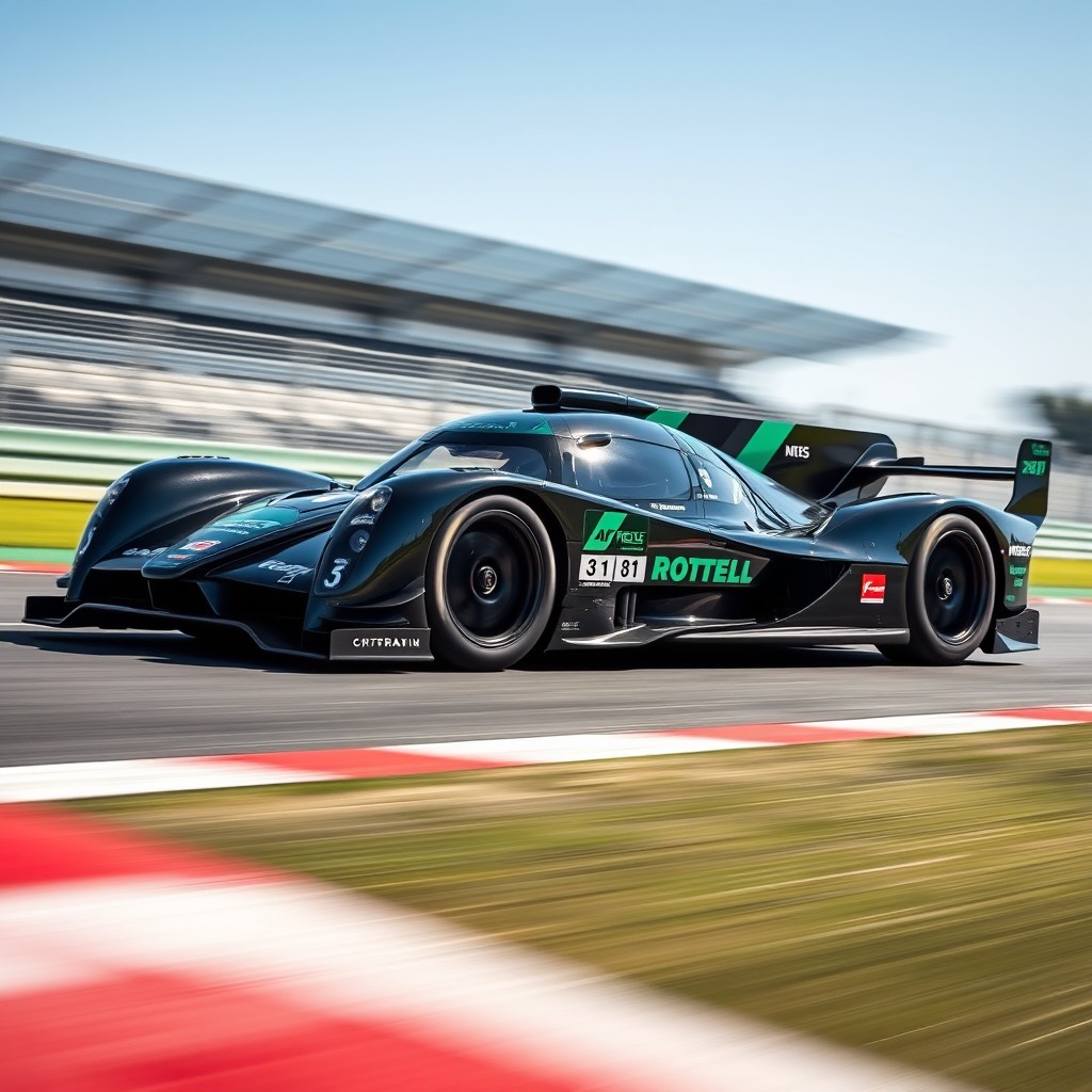 A sleek, modern LMP1 racing car designed with an aerodynamic shape, featuring a glossy black and dark green color scheme