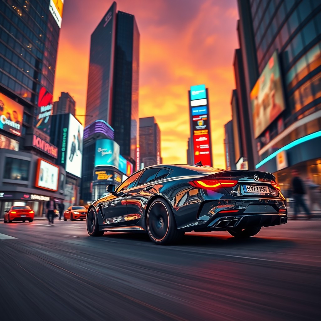 A sleek, modern car moving swiftly through a vibrant city street at sunset