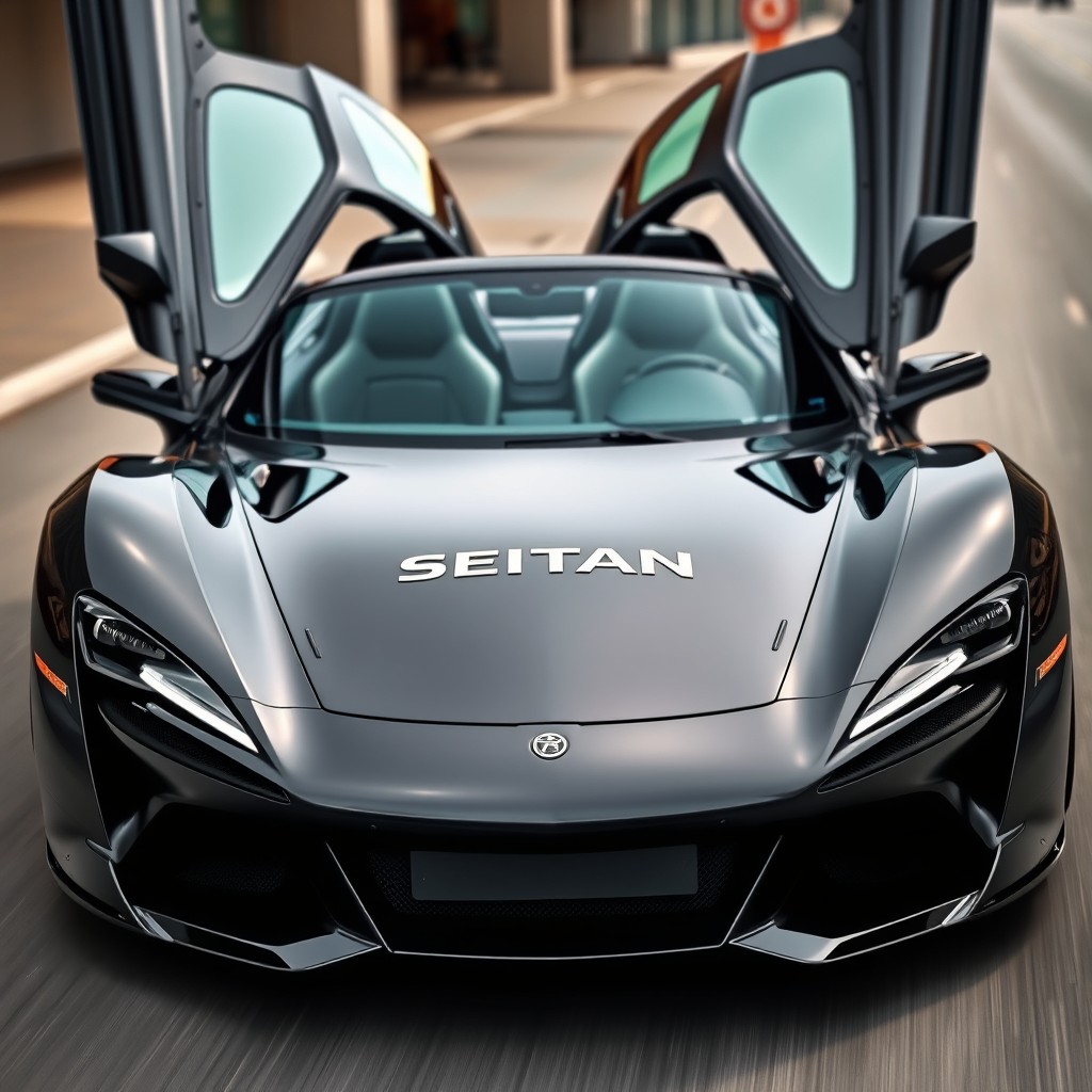 A sleek and shiny black two-seater sports car, featuring the bold SEITAN logo prominently displayed on the hood