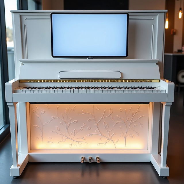 A modern white upright piano featuring a sleek design with a smart 32-inch touchscreen embedded in the front upper panel, positioned directly above the piano keys
