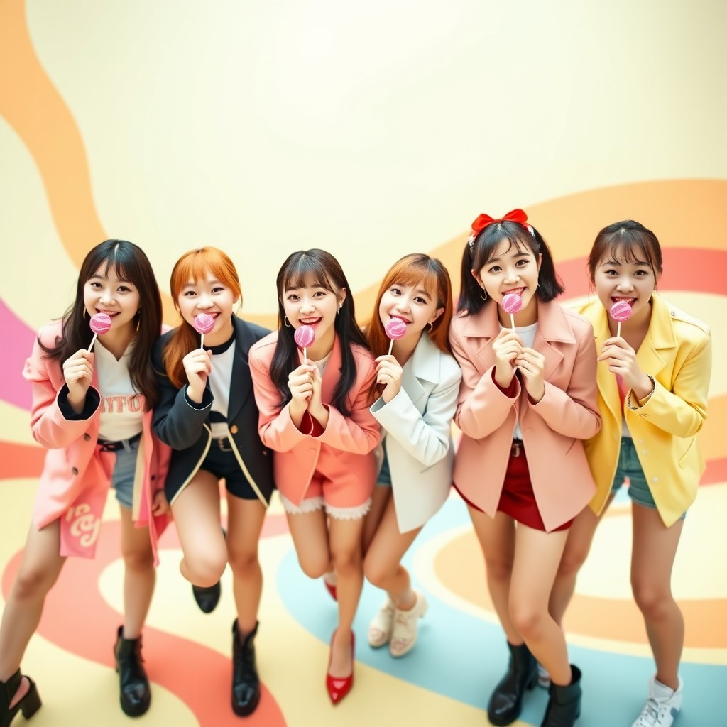 A vibrant, modern lollipop style featuring six K-pop girl idols in a dynamic group pose