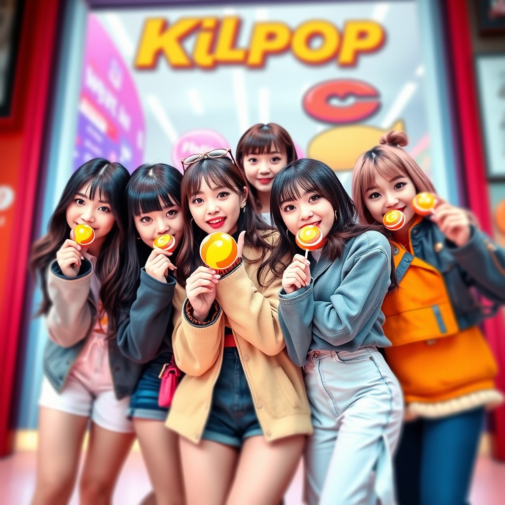 A vibrant, modern lollipop style featuring six K-pop girl idols in a dynamic group pose against a more zoomed-out background